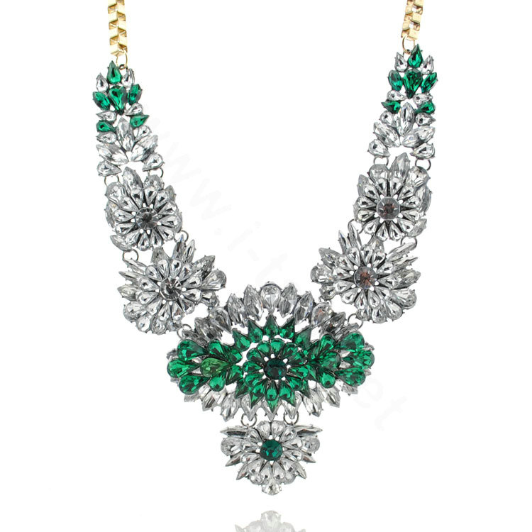 Luxury Crystal Flower Wings Pendants Chokers Statement Bib Necklace Women Jewelry - Green