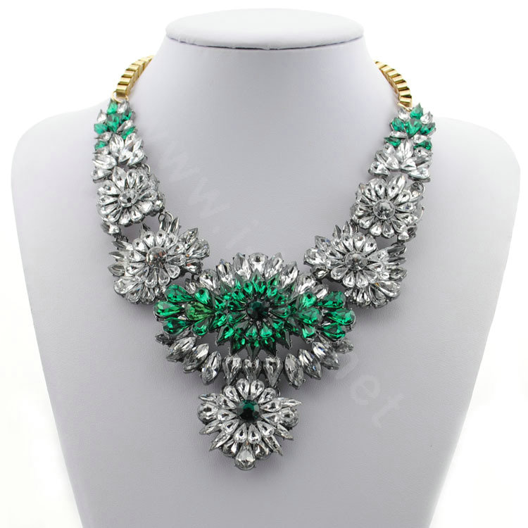 Luxury Crystal Flower Wings Pendants Chokers Statement Bib Necklace Women Jewelry - Green