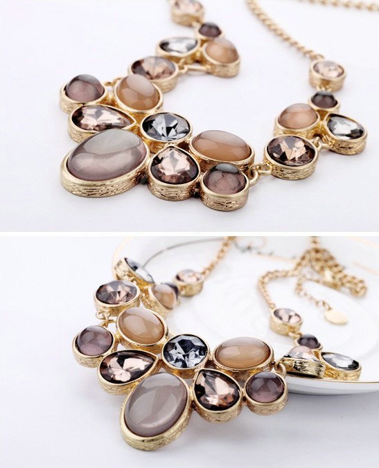 Luxury Crystal Gemstone Alloy Pendant Choker Bib Statement Necklace Women Jewelry - Purple
