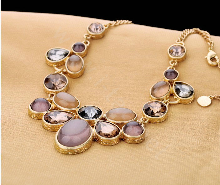 Luxury Crystal Gemstone Alloy Pendant Choker Bib Statement Necklace Women Jewelry - Purple