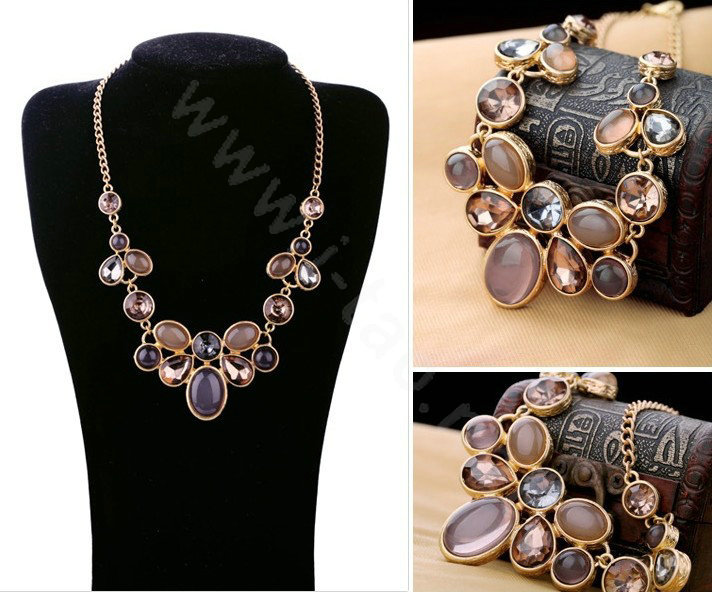 Luxury Crystal Gemstone Alloy Pendant Choker Bib Statement Necklace Women Jewelry - Purple