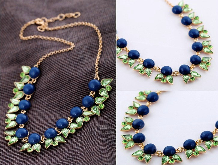 Luxury Crystal Gemstone Flower Pendant Choker Bib Statement Necklace Women Jewelry - Blue