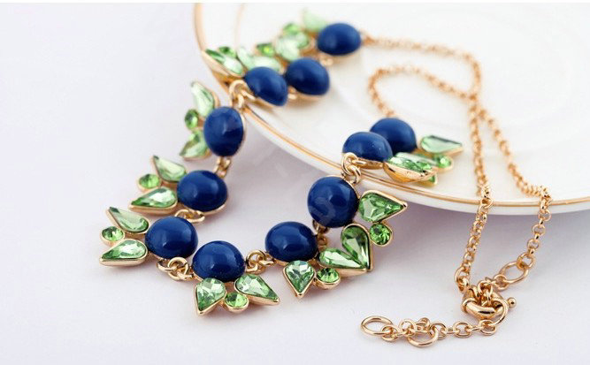 Luxury Crystal Gemstone Flower Pendant Choker Bib Statement Necklace Women Jewelry - Blue