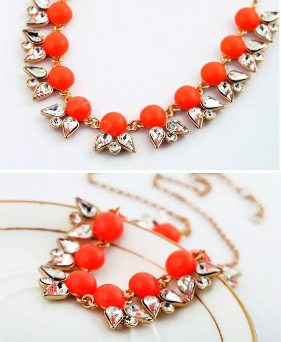 Luxury Crystal Gemstone Flower Pendant Choker Bib Statement Necklace Women Jewelry - Orange