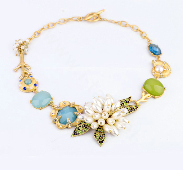 Luxury Crystal Gemstone Pearl Flower Pendant Choker Bib Statement Necklace Women Jewelry