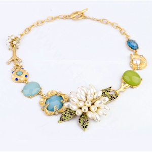 Luxury Crystal Gemstone Pearl Flower Pendant Choker Bib Statement Necklace Women Jewelry