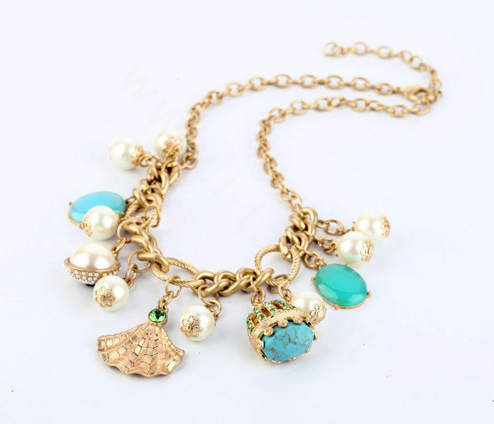 Luxury Crystal Gemstone Pearl Tranquil blue charm Pendant Choker Statement Necklace Women Jewelry