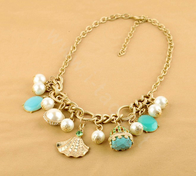 Luxury Crystal Gemstone Pearl Tranquil blue charm Pendant Choker Statement Necklace Women Jewelry