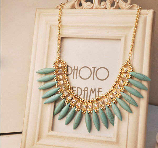Luxury Crystal Gemstone Pendant Bohemia Choker Bib Statement Necklace Women Jewelry - Blue