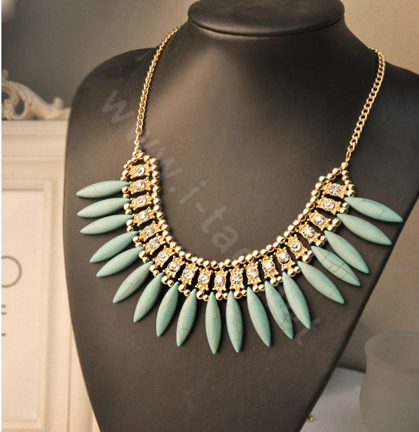 Luxury Crystal Gemstone Pendant Bohemia Choker Bib Statement Necklace Women Jewelry - Blue