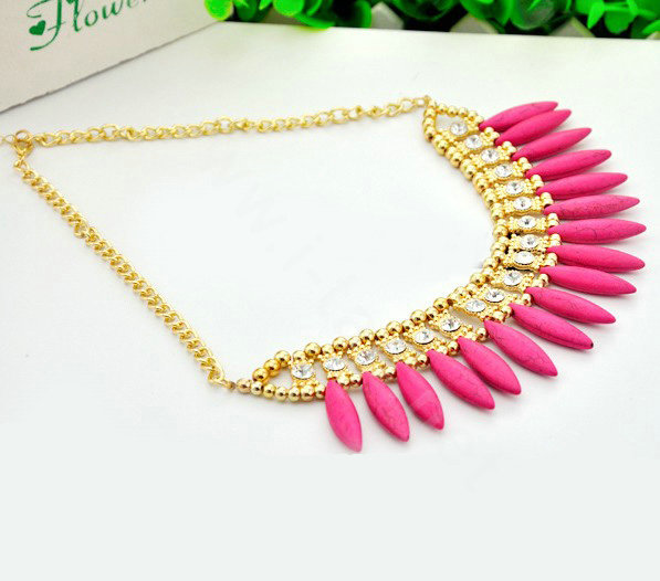 Luxury Crystal Gemstone Pendant Bohemia Choker Bib Statement Necklace Women Jewelry - Rose
