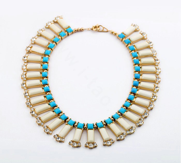 Luxury Crystal Gemstone Pendant Choker Bohemia Bib Statement Necklace Women Jewelry - Beige+Blue