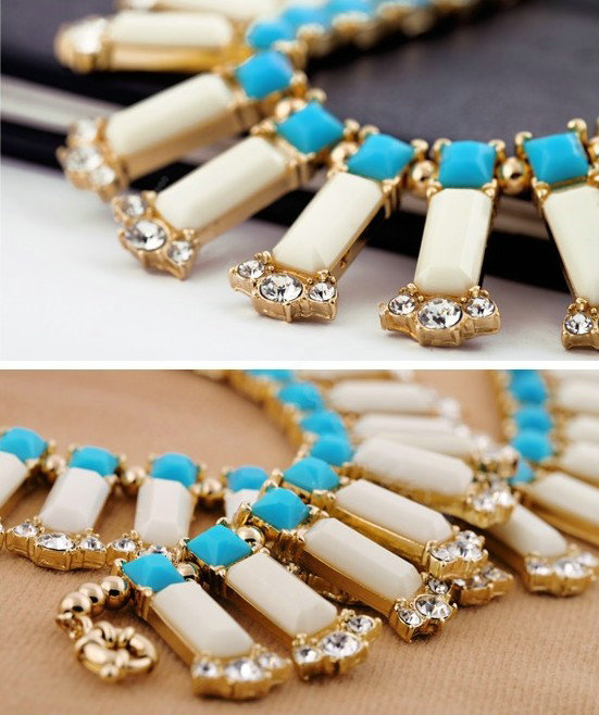 Luxury Crystal Gemstone Pendant Choker Bohemia Bib Statement Necklace Women Jewelry - Beige+Blue