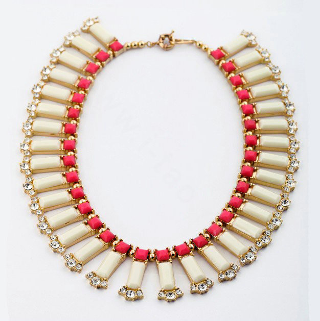 Luxury Crystal Gemstone Pendant Choker Bohemia Bib Statement Necklace Women Jewelry - Beige+Rose