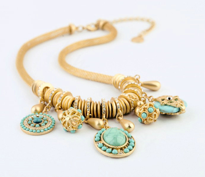 Luxury Crystal Gemstone Pendant Choker Snake chain Bib Statement Necklace Women Jewelry - Blue