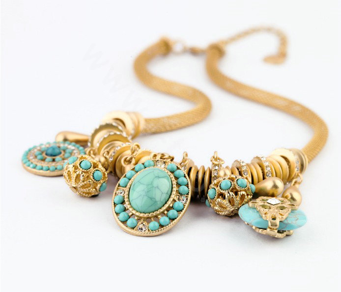 Luxury Crystal Gemstone Pendant Choker Snake chain Bib Statement Necklace Women Jewelry - Blue
