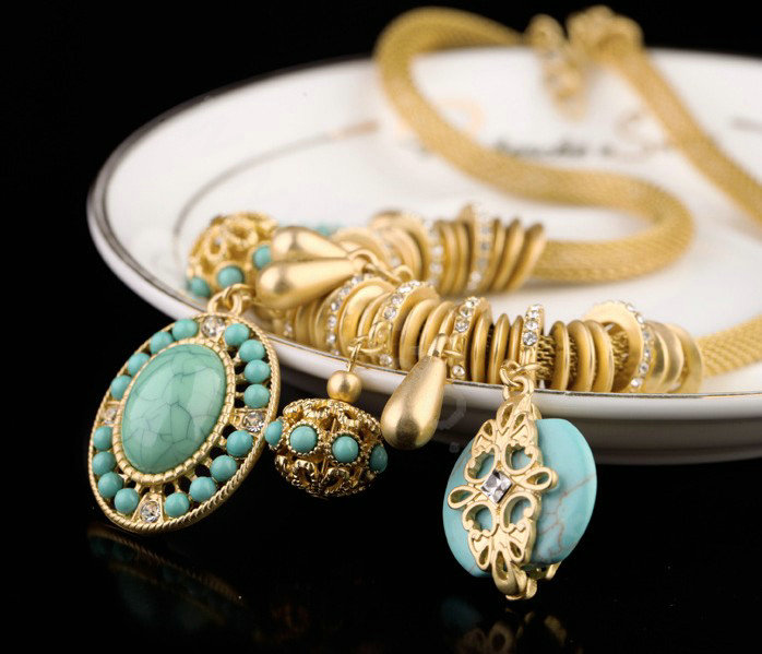 Luxury Crystal Gemstone Pendant Choker Snake chain Bib Statement Necklace Women Jewelry - Blue