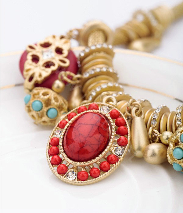 Luxury Crystal Gemstone Pendant Choker Snake chain Bib Statement Necklace Women Jewelry - Red