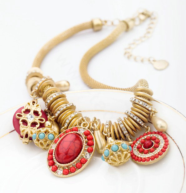 Luxury Crystal Gemstone Pendant Choker Snake chain Bib Statement Necklace Women Jewelry - Red