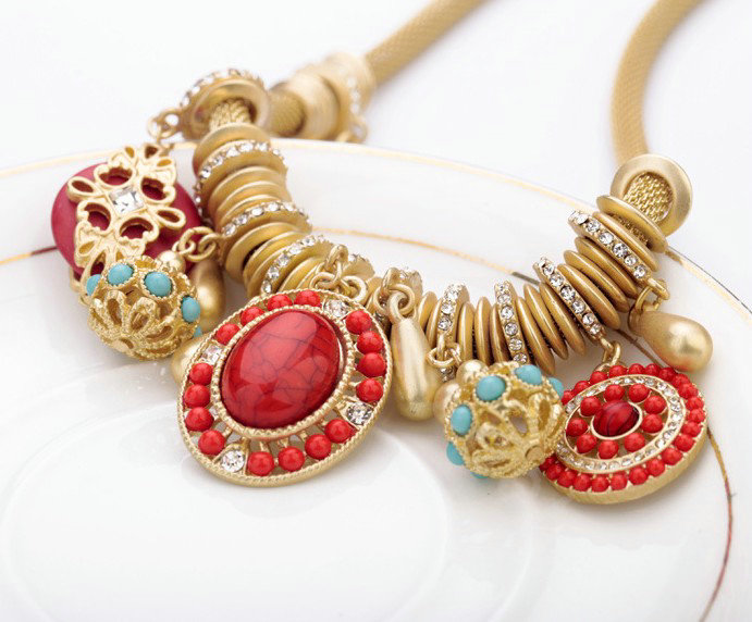 Luxury Crystal Gemstone Pendant Choker Snake chain Bib Statement Necklace Women Jewelry - Red