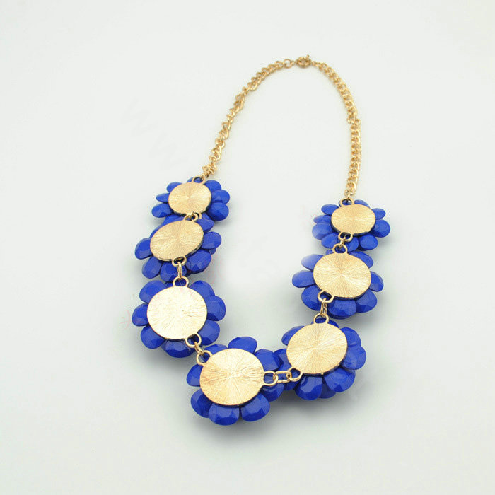 Luxury Crystal Gemstone Pendant Seven flowers Choker Statement Bib Necklace Women Jewelry - Blue