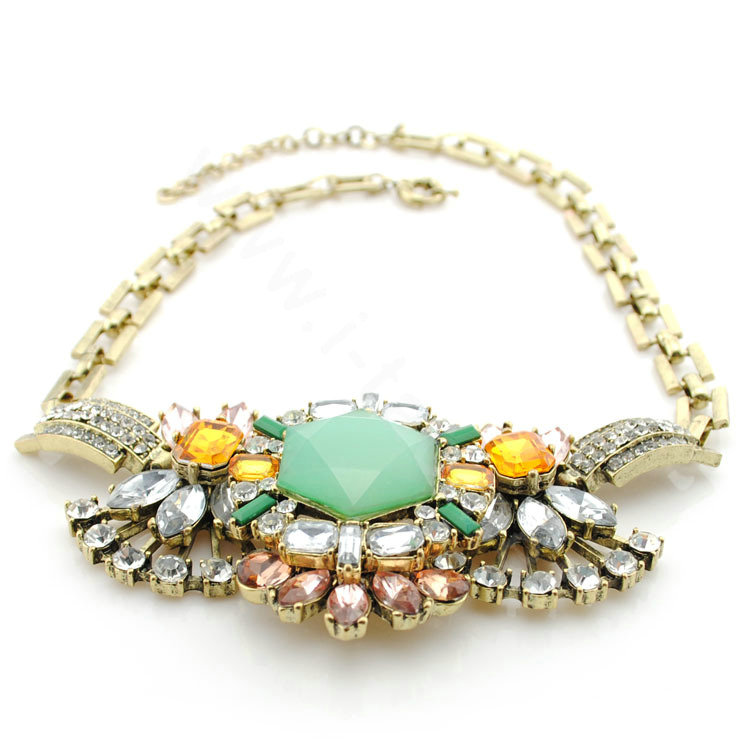 Luxury Crystal Gemstone Pendant Vintage Choker Statement Bib Necklace Women Jewelry - Blue
