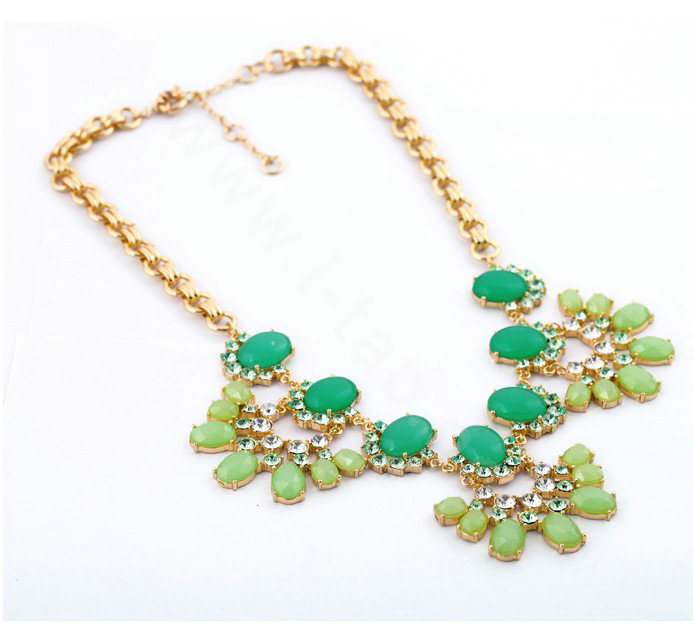 Luxury Crystal Green Gemstone Flower Pendant Choker Bib Statement Necklace Women Jewelry