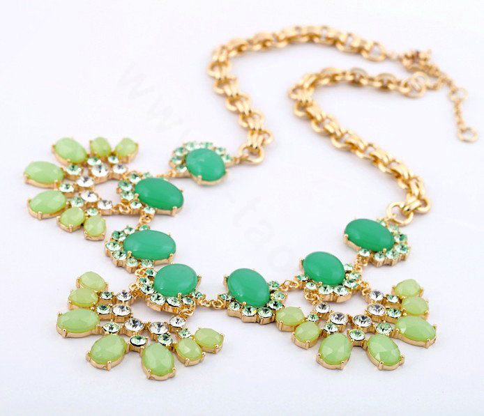 Luxury Crystal Green Gemstone Flower Pendant Choker Bib Statement Necklace Women Jewelry