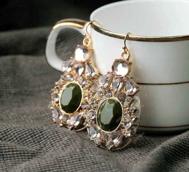 Luxury Crystal Green Gemstone Raindrop Dangle Earrings Gold Plated Women Fashion Jewelry