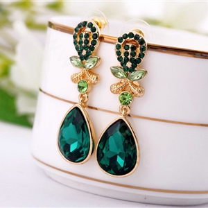 Luxury Crystal Green Gemstone Raindrop Stud Earrings Gold Plated Women Fashion Jewelry
