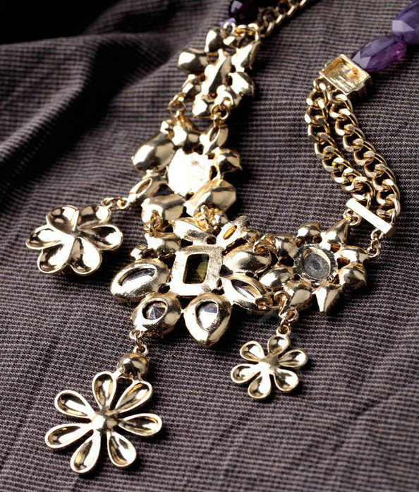 Luxury Crystal Multicolor Gemstone Alloy Flower Pendant Choker Bib Statement Necklace Women Jewelry