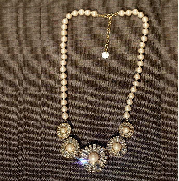 Luxury Crystal Pearl Alloy Flower Pendant Choker Bib Statement Necklace Women Jewelry - White