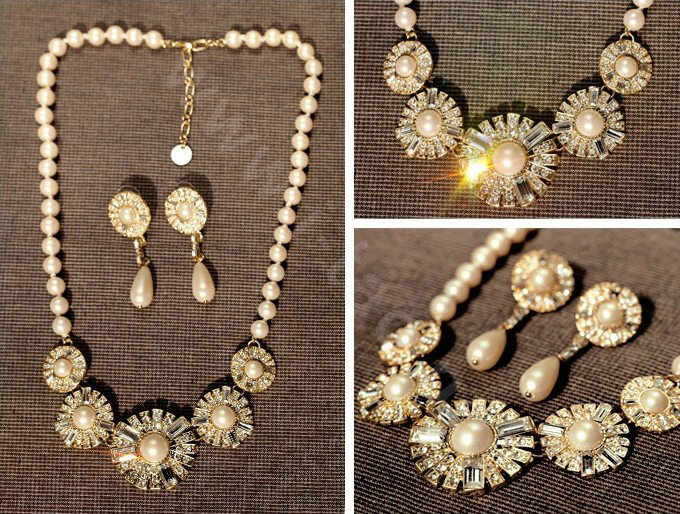 Luxury Crystal Pearl Alloy Flower Pendant Choker Bib Statement Necklace Women Jewelry - White