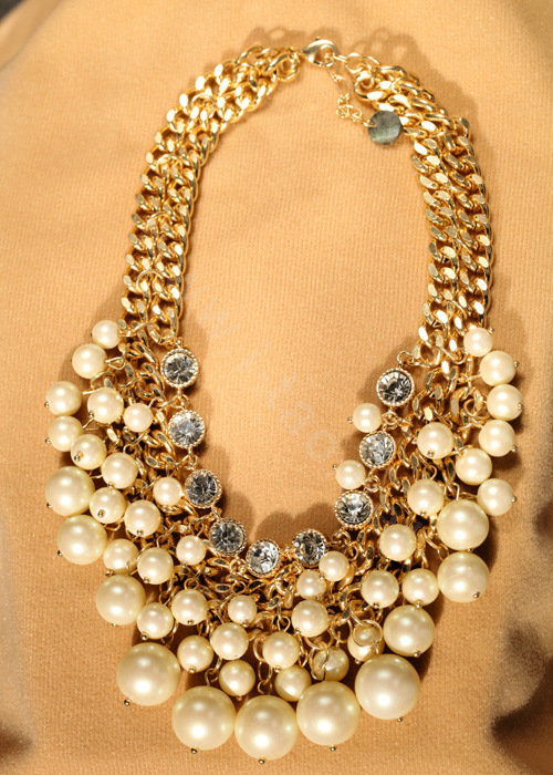 Luxury Crystal Pearl Multilayer Pendant Choker Bib Statement Necklace Women Jewelry - Beige