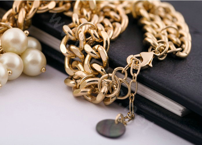 Luxury Crystal Pearl Multilayer Pendant Choker Bib Statement Necklace Women Jewelry - Beige
