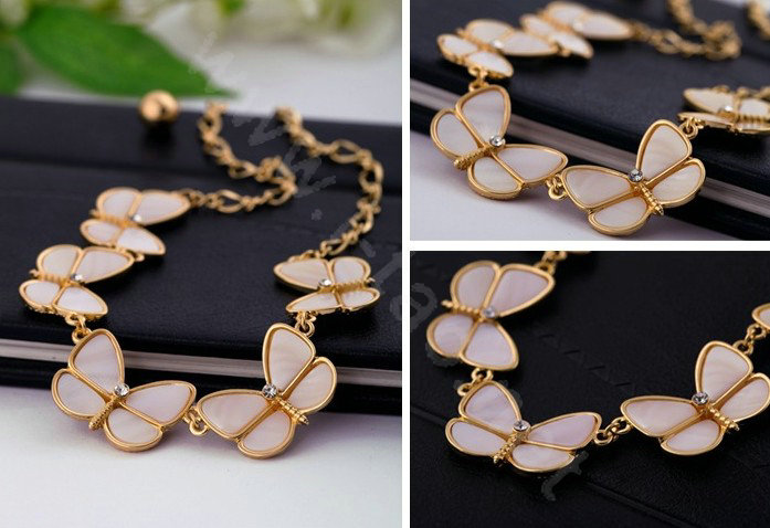 Luxury Crystal Shell Butterfly Pendant Choker Bib Statement Necklace Women Jewelry - Pink