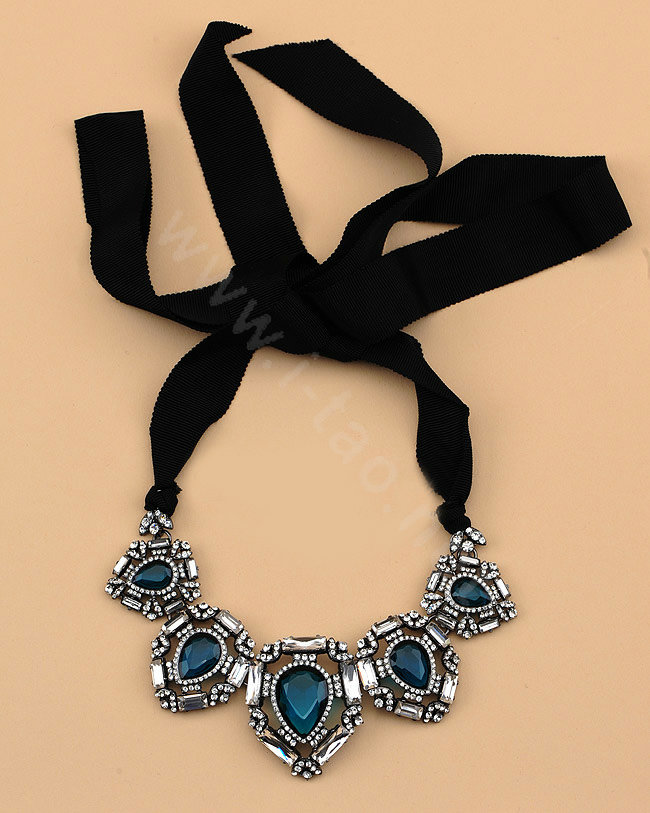 Luxury Elegant Women Choker Crystal Gem Bib Necklace Jewelry - Blue