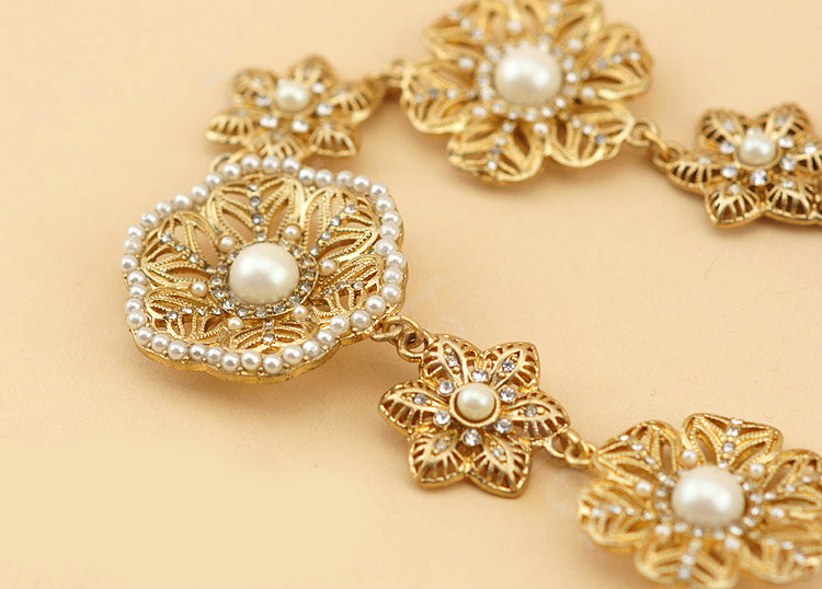Luxury Elegant Women Choker Crystal Pearl Flower Bib Necklace Jewelry - Gold