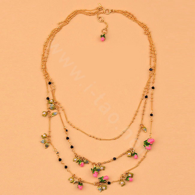 Luxury Elegant Women Choker Multilayer Crystal Pearl Flower Bib Necklace Jewelry - Rose