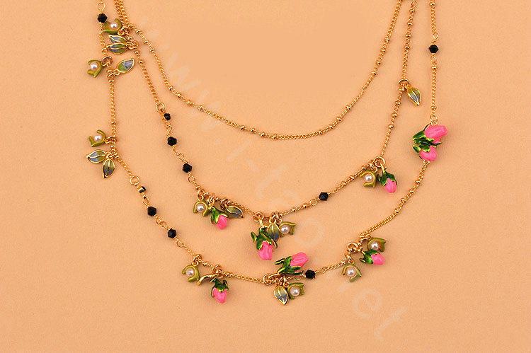 Luxury Elegant Women Choker Multilayer Crystal Pearl Flower Bib Necklace Jewelry - Rose