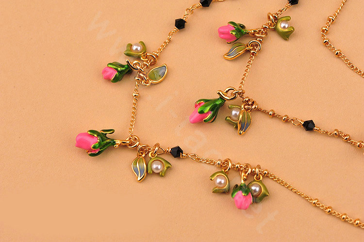 Luxury Elegant Women Choker Multilayer Crystal Pearl Flower Bib Necklace Jewelry - Rose