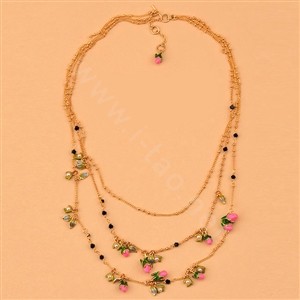 Luxury Elegant Women Choker Multilayer Crystal Pearl Flower Bib Necklace Jewelry - Rose