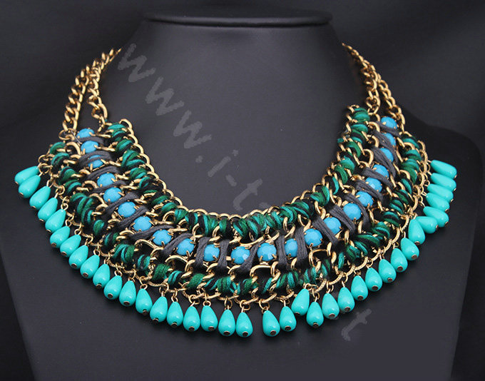 Luxury Exaggeration Retro Weave Women Choker Gem Tassel Bib Necklace Jewelry - Blue