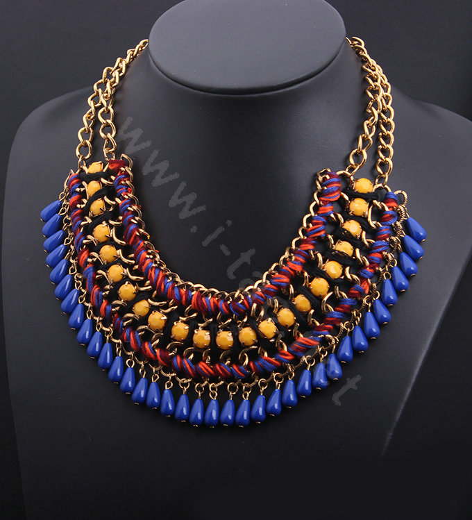 Luxury Exaggeration Retro Weave Women Choker Gem Tassel Bib Necklace Jewelry - Navy
