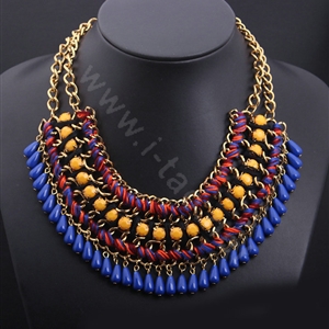 Luxury Exaggeration Retro Weave Women Choker Gem Tassel Bib Necklace Jewelry - Navy