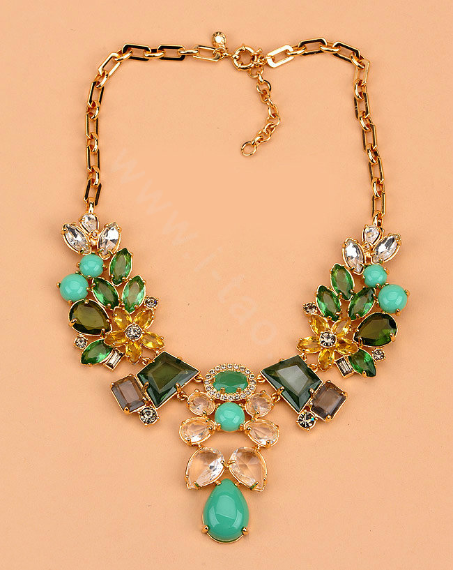 Luxury Exaggeration Women Choker Crystal Gems Flower Bib Necklace Jewelry - Green