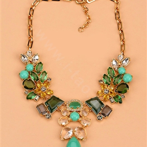 Luxury Exaggeration Women Choker Crystal Gems Flower Bib Necklace Jewelry - Green