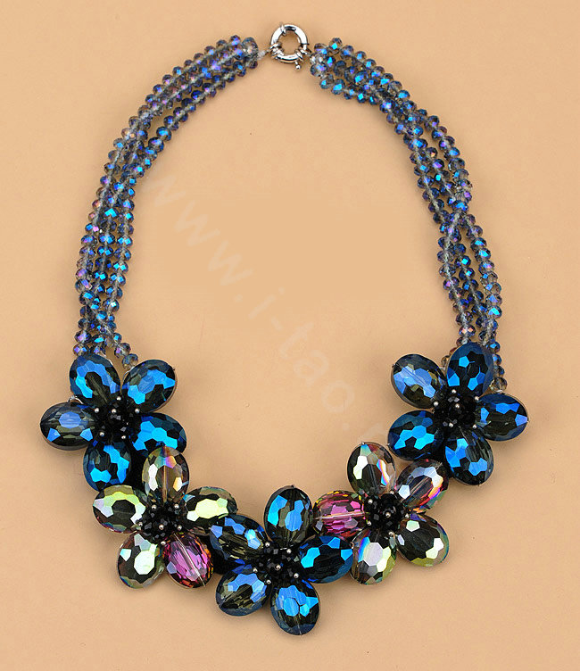 Luxury Exaggeration Women Choker Multilayer Crystal Bead Flower Bib Necklace Jewelry - Blue