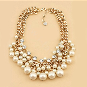 Luxury Exaggeration Women Choker Multilayer Crystal Pearl Bib Necklace Jewelry - Beige