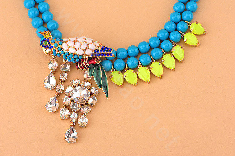 Luxury Exaggeration Women Choker Natural Gem Crystal Parrot Bib Necklace Jewelry - Blue